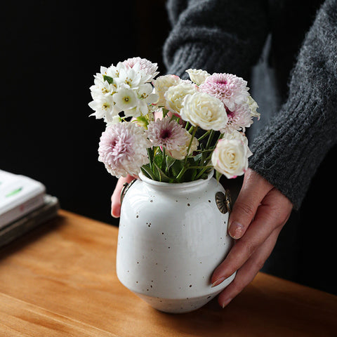 Handmade Ceramic Flower Pot/ Ikebana Vase, Green Vintage Color and White Color