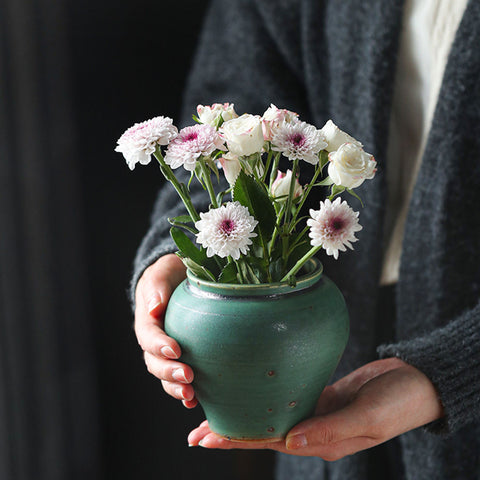 Handmade Ceramic Flower Pot/ Ikebana Vase, Traditional Japanese Green Vintage Style