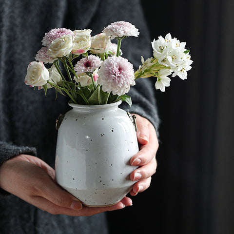 Handmade Ceramic Flower Pot/ Ikebana Vase, Green Vintage Color and White Color