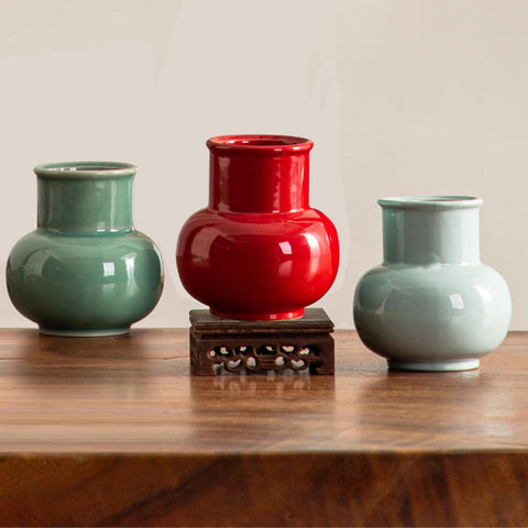 Traditional Japanese Vintage Style Short Vases, Porcelain Short Vases - four colors - theTeaCloud