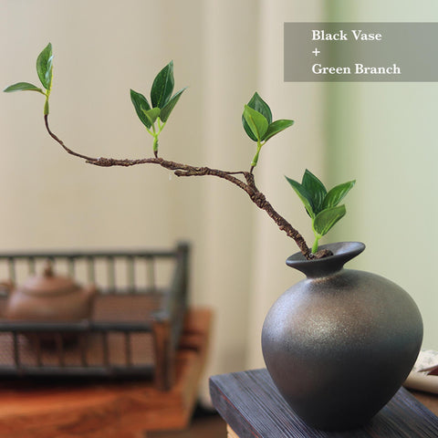 Ceramic Zen Style Vase, Adjustable Faux Flower Branch Included, Two Colors