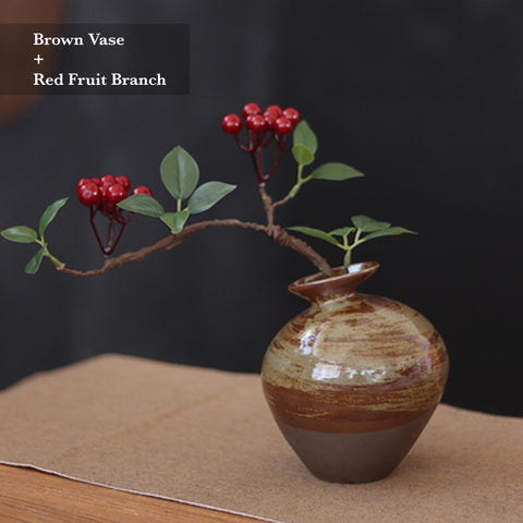 Ceramic Zen Style Vase, Adjustable Faux Flower Branch Included, Two Colors