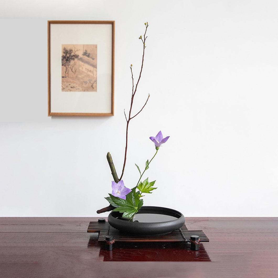 Traditional Japanese Style Frosted Black, Frosted White, and Light Blue Ikebana Vases, Ikebana Plate