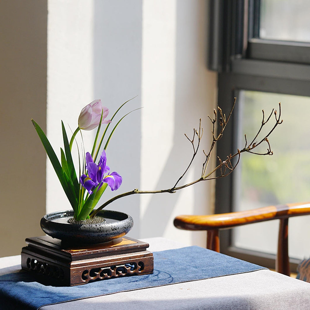 Traditional Japanese Style Ink Speckled Black, Ikebana Plate