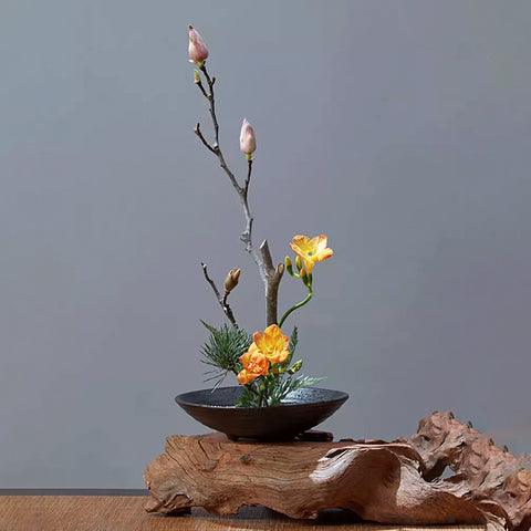 Japanese Zen Style Ikebana Bowl, Japanese Floral Arrangement, Large Kenzan Flower Frog Included, Four Colors