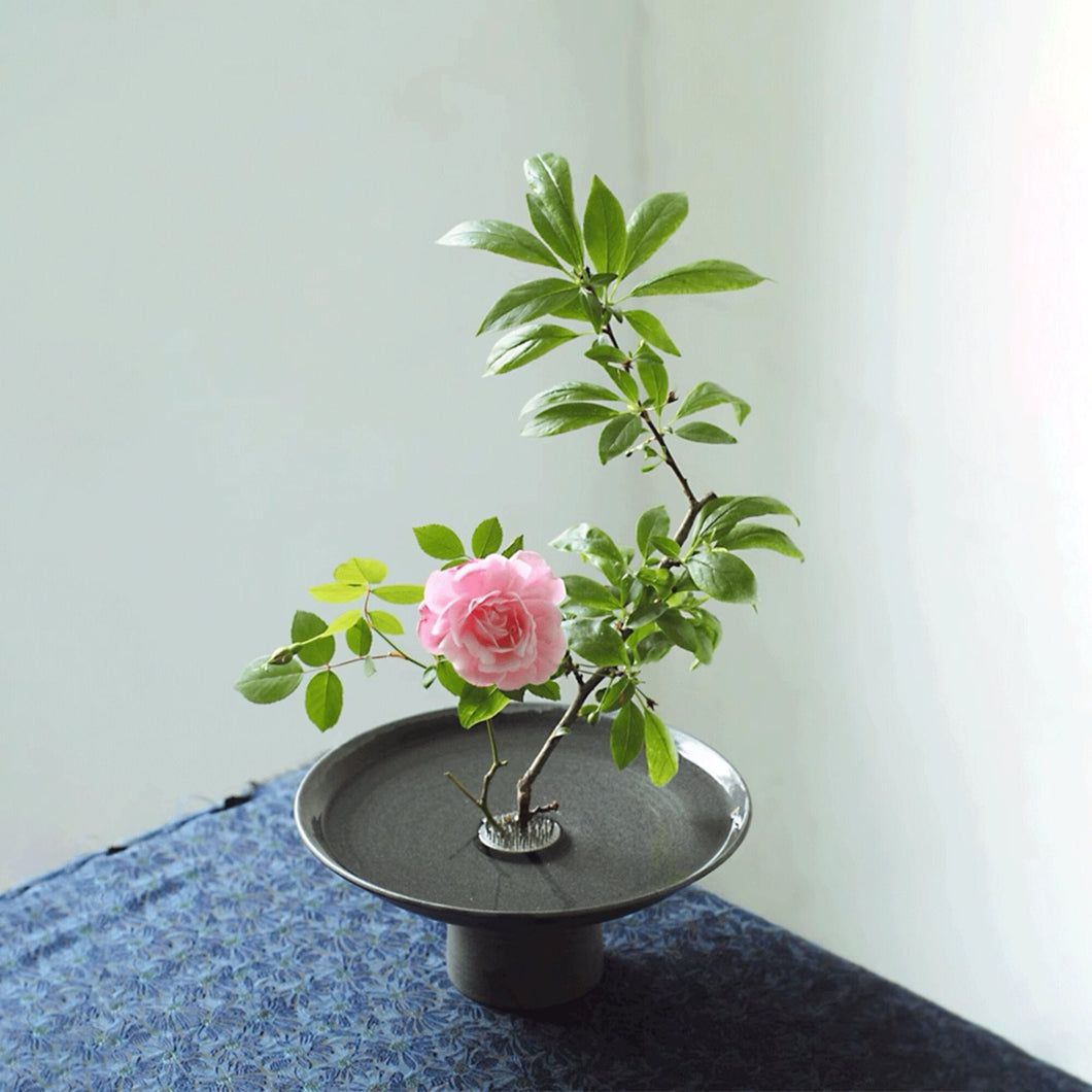 Handmade Black Ceramic Ikebana Flower Arranger/Ikebana Vase, Kenzan Included
