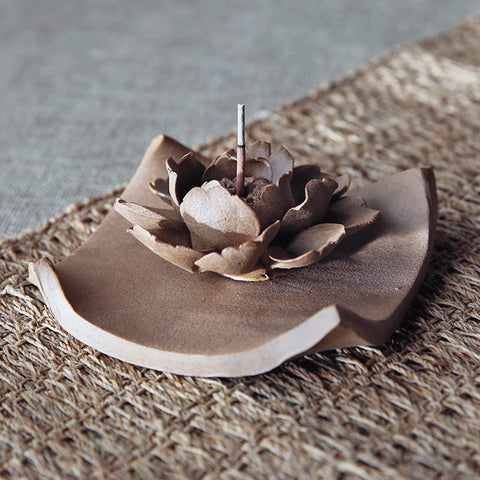 Handmade Raw Clay Incense Stand - Ceramic Lotus Incense Stick Holder