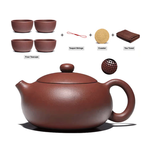 Handmade Yixing Zisha Teaset, Red Clay Teapot in Xishi Style with Four Pairing Cups